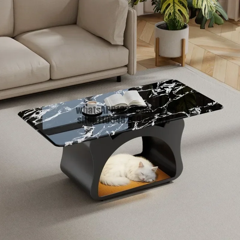 Modern simple marble pattern glass coffee table rectangular storage living room furniture black