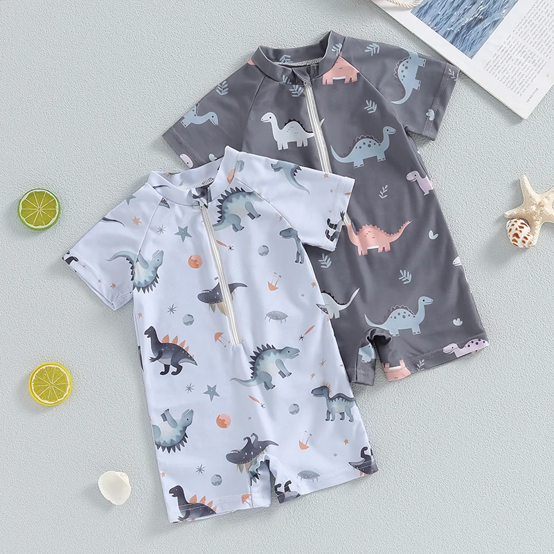 SUNSIOM Baby Boys Swimsuit Dinosaur Print Round Neck Half Zip Up Short Sleeve Rash Guard Swimwear Toddler Bathing Beachwear