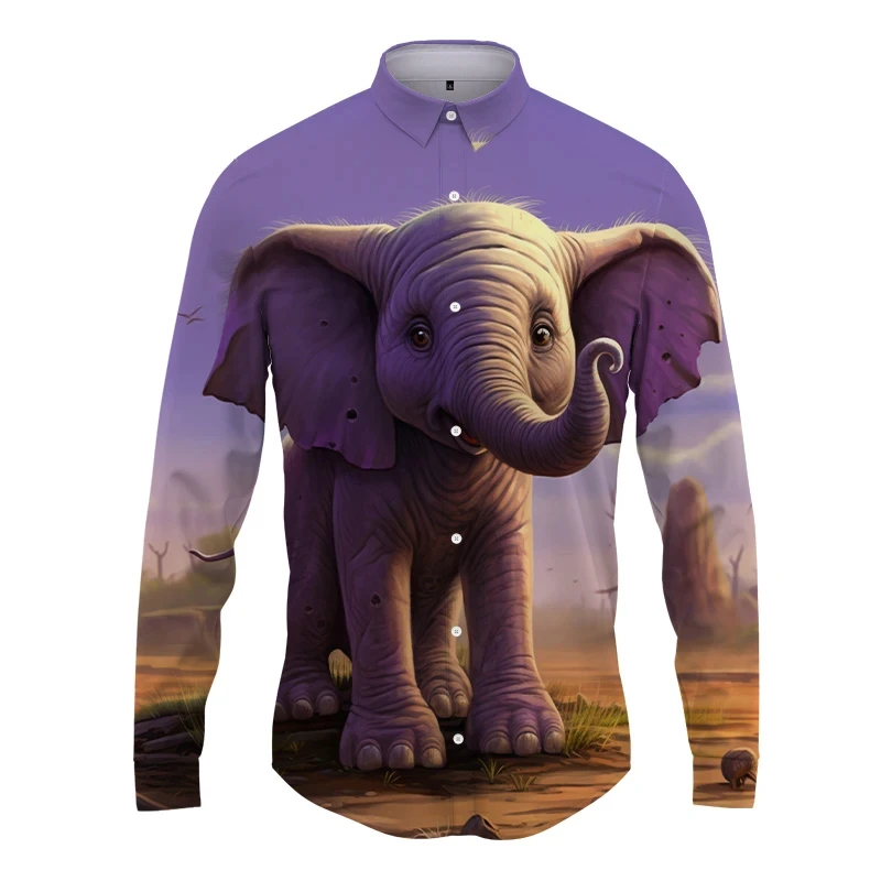 Elefante animal masculino impressão 3D manga longa camisa, confortável, rua, roupa de escritório, elegante