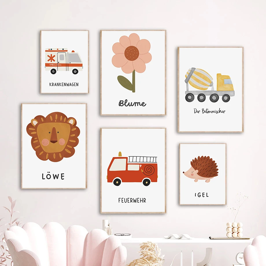 Modern Children's Rooms Cartoon Toys Posters Fire Engine Police Goose Lion Prints Canvas Painting Wall Pictures Home Room Decor