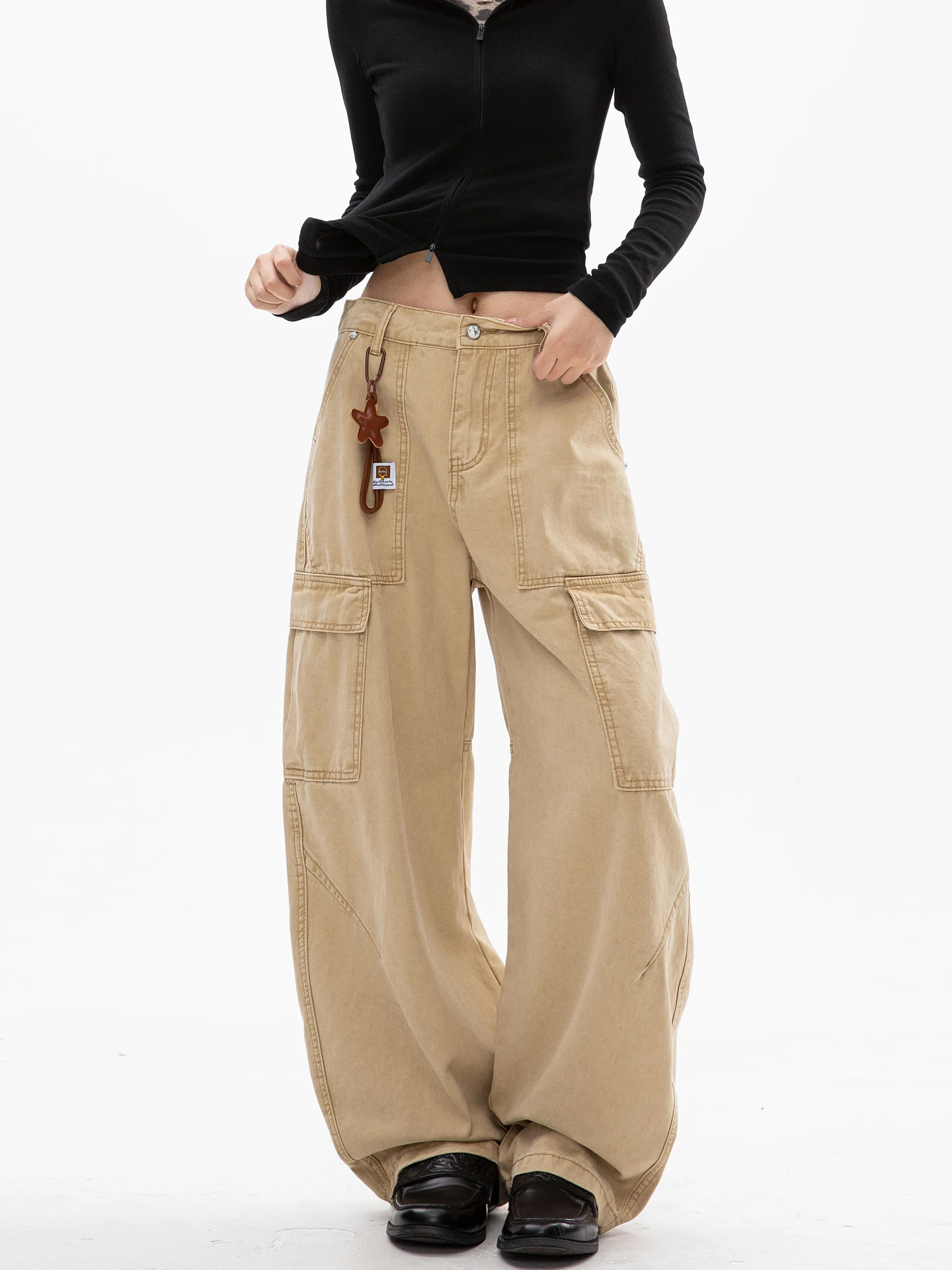 

Khaki Wide Leg Jeans Women's Loose Straight Long Trousers Trendy Workwear Sle Spring New Arrival l Waist Cotton