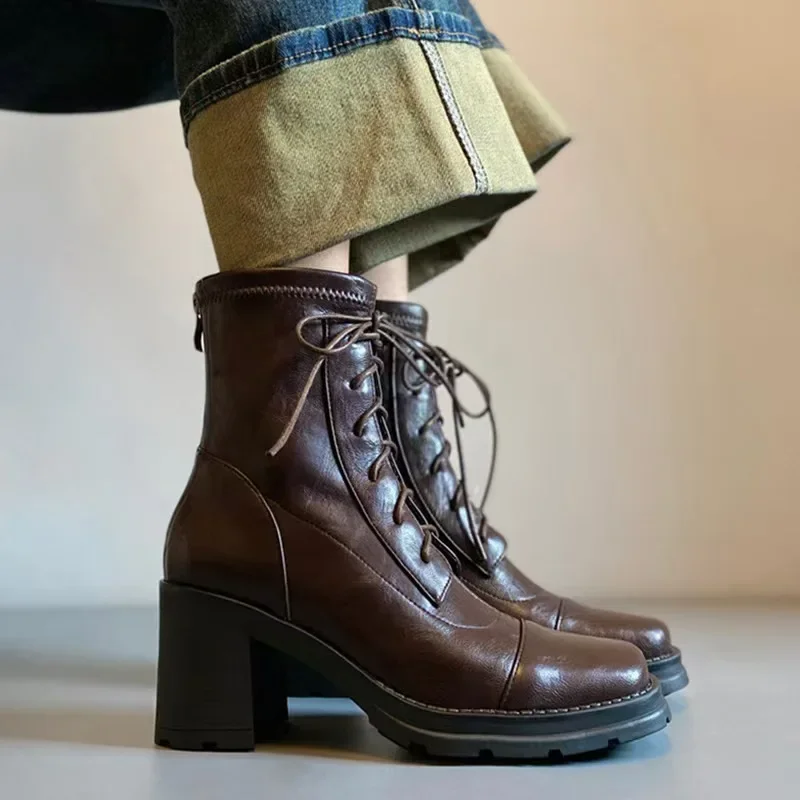 

2025 New Autumn Winter Women Ankle Boots 35-40 Stretch Microfiber Square Toe Lace-up Back Zip Thick Heel Skinny Boots