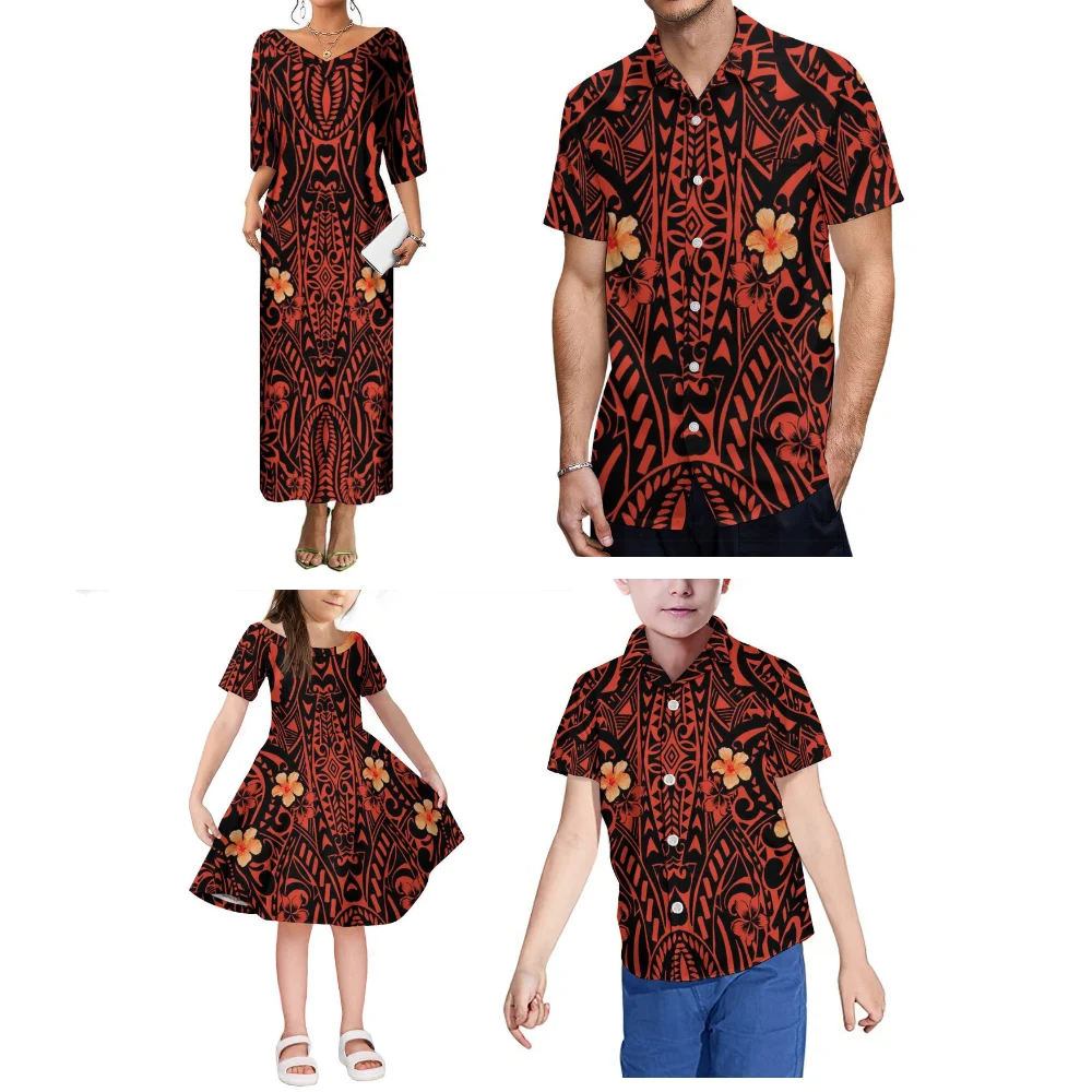 Vestido solto de manga curta de verão, camisa masculina da família polinésia, conjunto de quatro peças personalizado para festa de jantar com estampa floral