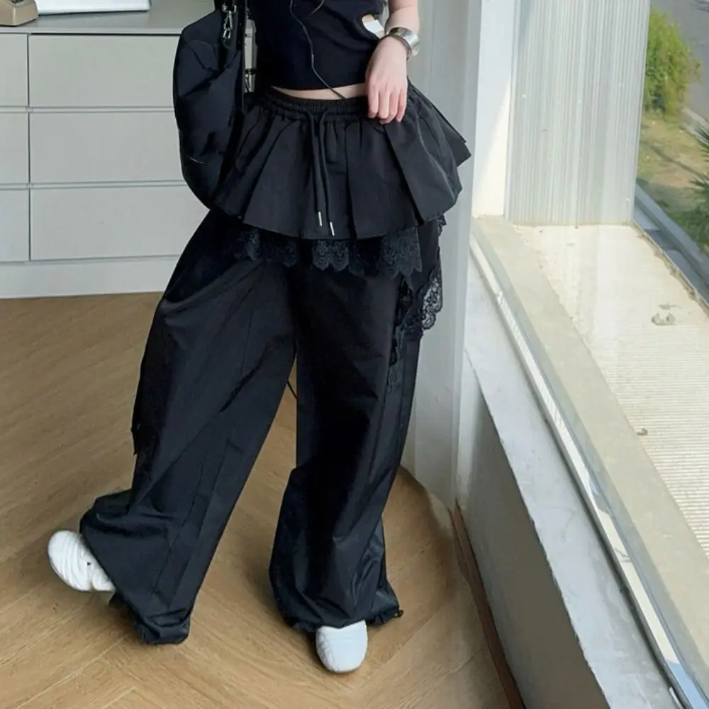 

Милые молодые женщины, кружевные лоскутные брюки, мешковатые кружевные многоярусные юбки в стиле хип-хоп, брюки с завязками и высокой талией, широкие брюки для девочек