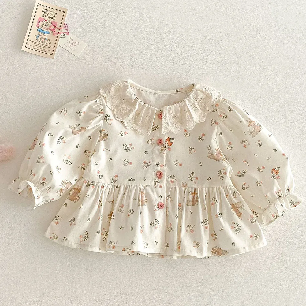 Girls Blouse Floral Cotton Collar Spring Toddler Long Sleeve Tops Princess 1st Birthday Kids Shirts Children\'s Clothing