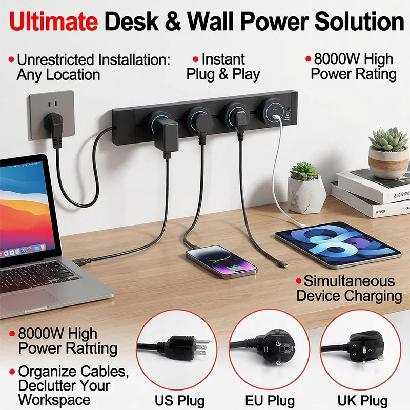 

Wall Mounted Power Track Socket US EU UK Plug Adapter 40/50cm Office Electrical Outlet Wall socket USB Type C Grey Black