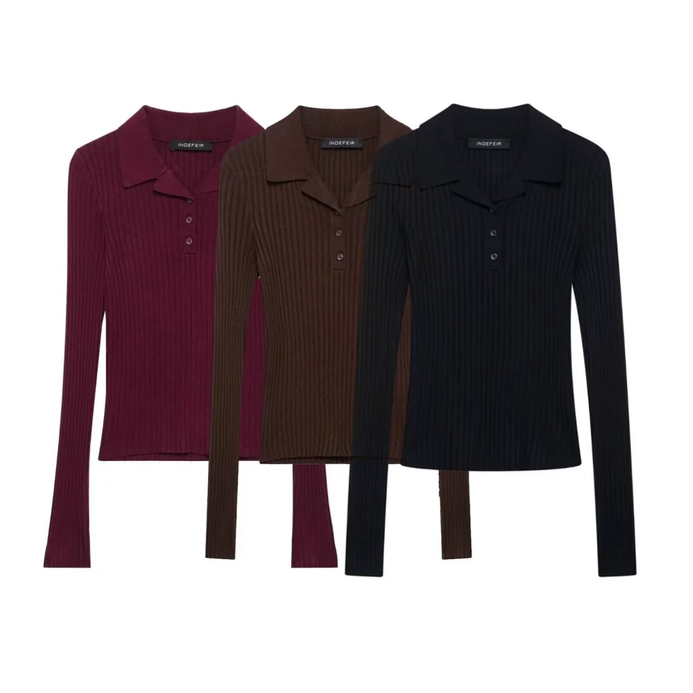 2025 BM&MD&ZA Women's Ribbed Long - sleeve Tops Collared Style with Button Detail Flared Hem for a Trendy Look