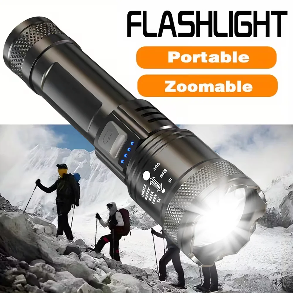 

Супер яркий светодиодный фонарик, USB перезаряжаемый фонарик, телескопический зум-светильник для экстренной кемпинга, рыбалки, мощный фонарь