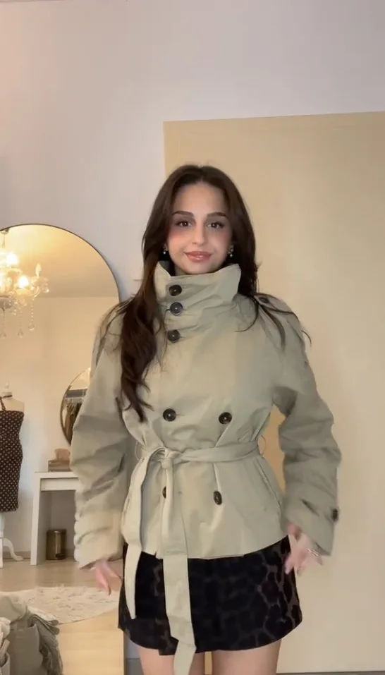 بحزام الخصر اقتصاص خندق الستر النساء مزدوجة الصدر الوقوف طوق معاطف 2025 الخريف شيك عادية Vintage سترة قماش حريمي