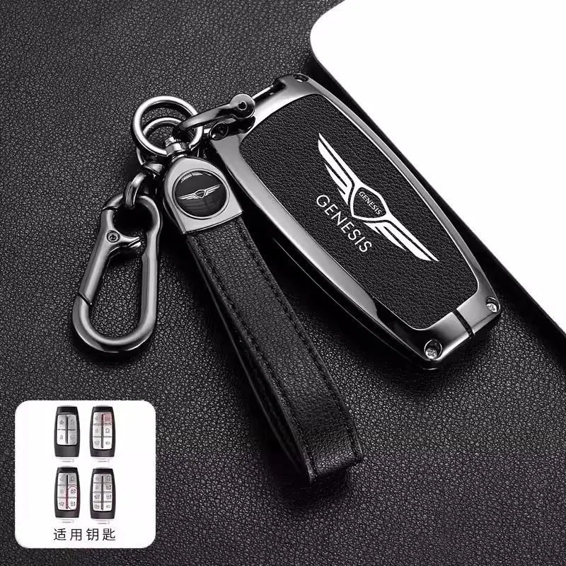 Leather Car Key Case Cover Protector Shell Bag For Hyundai Genesis G80 GV70 GV80 GV90 2019 2020 2021 2022 Keychain Accessories