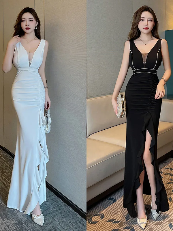 

Long Fi Tail Evening Gown Sexy Night Club Massage Work orm Hotel Car Model Fem Faionable Banquet Dr Satin Fabric