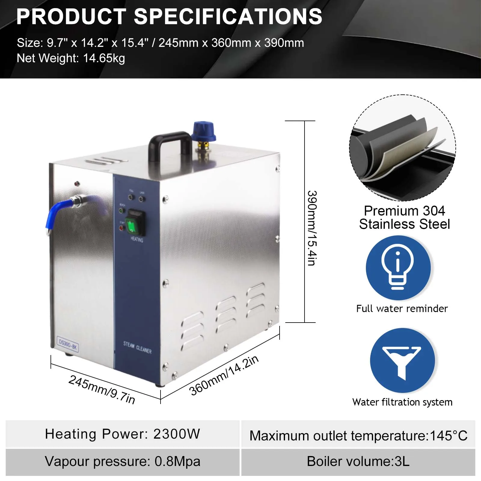 DS300-8K 2300W Jewelry Steam Cleaner 3L Boiler High Pressure 8 Bar Professional Steam Cleaning Machine for Jewelry Workshop