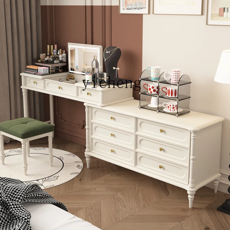

ZYA Vintage Style Solid Wood Dressing Table and Chest of Drawers Integrated Cream Style Bedside Makeup Table Storage Cabinet