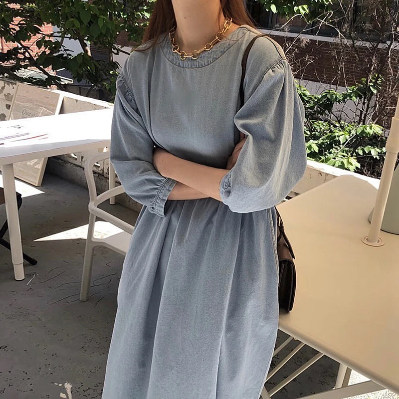 Retro Lazy Sle round Ne High Waist Loose ket Seven Sve Wa Blue Jeans Long Dr Chic Commute Loose Waist