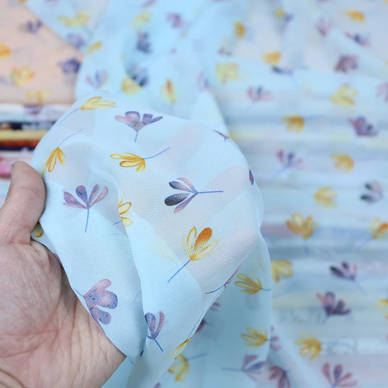 75D Printed Chiffon Fabric By The Meter for Dresses Skirts Clothing Shirts Diy Sewing Floral Flowers Summer Cloth Soft Thin Blue