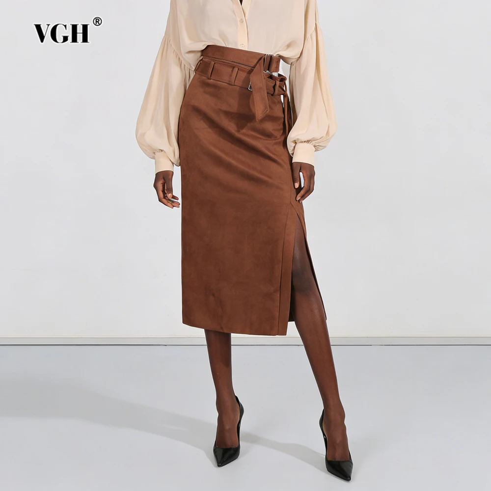 VGH Slimming Temperament Solid Suede Long Skirts For Women High Waist Spliced Belt Autumn Design Sense Party Skirt Female New