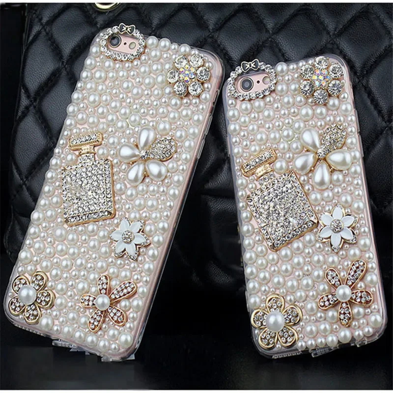 Bling Rhinestone Diamond Pearl Flower Perfume Bottle Case for Samsung S23Ultra S22 S21 S20 Plus S24 PLUS S10 Note8 9 10 20