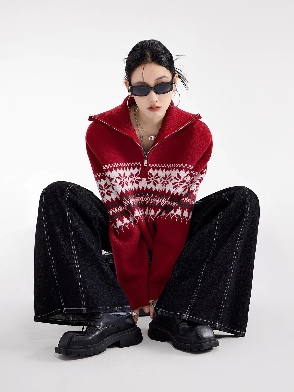 

Designer-Style Sweater Fair Isle Half-Zip Sweater Crimson Mens-Womens High-End Sweater Comfortable Chunky Knitwear Pullover