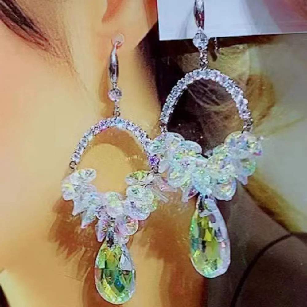 Light luxury retro silver hook mixed color crystal earrings