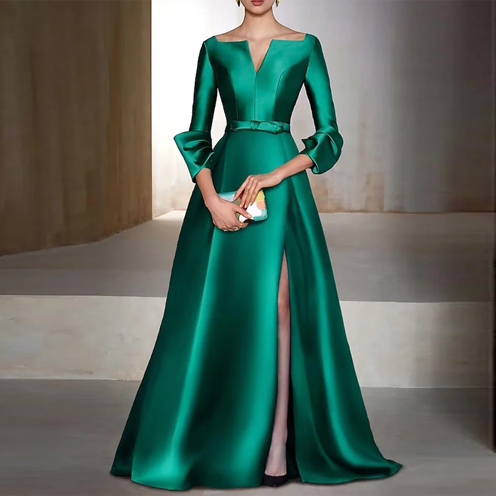 

Customized Satin V Neck Mother of The Bride Dresses for Wedding Long A Line Wedding Guest Dress for Women with Slit 2025