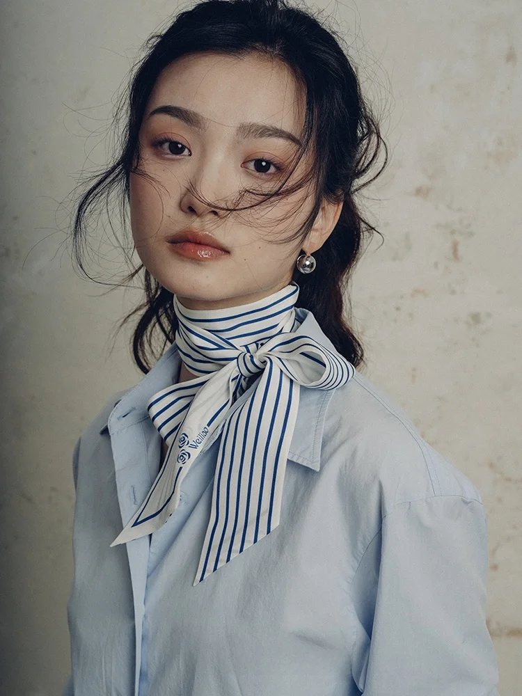 

Weiliao Original Minimalist Long Silk Ribbon Double Layered Stripe Pattern Black White Blue Scarf for Women Summer Spring Autumn