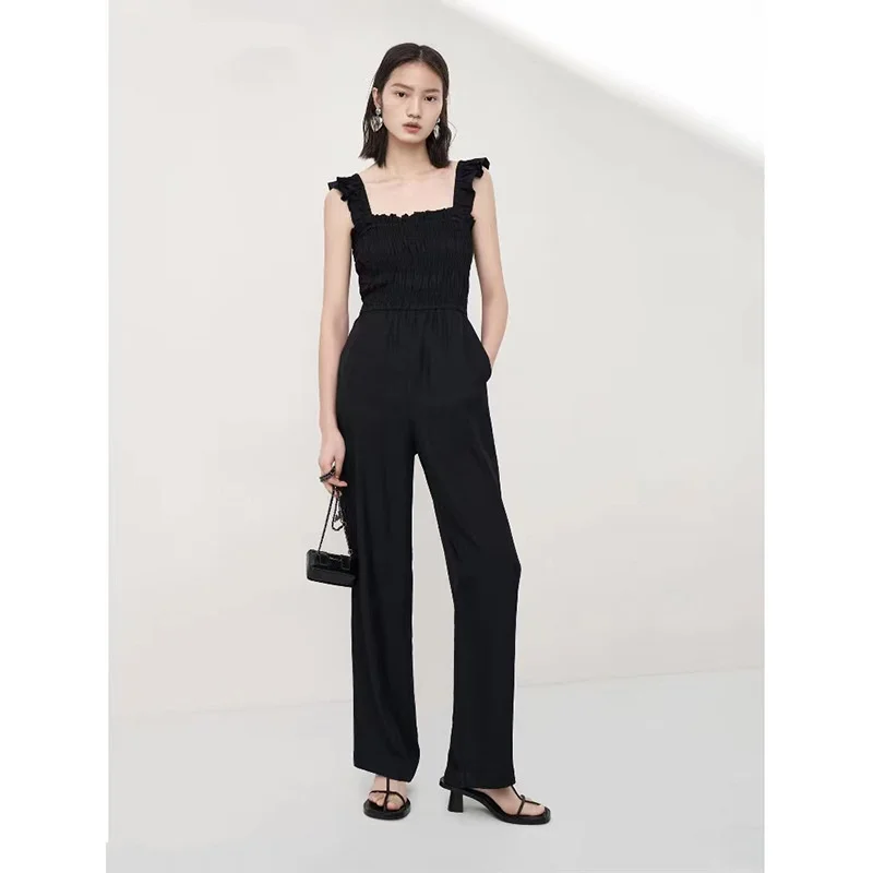 

2023 Summer New Outfits Romper Women Lace Suspender Sexy One Piece Sleeveless Ruched Jumpsuit Wide Leg Cargo Pants Black Overall