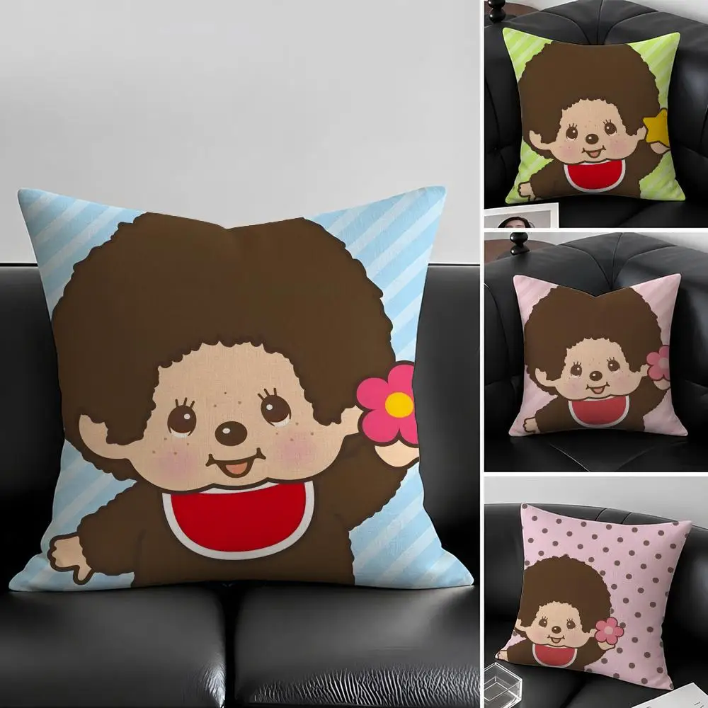 Cartoon M-Monchhichi Cushion Cover Natural Linen Pillowcase Set, All-in-One Decor for Sofa, Bedroom & Chair