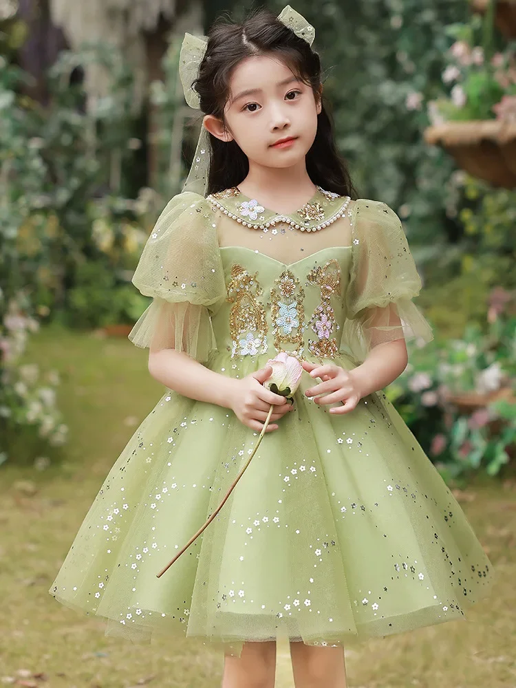 

Kids Tulle Princess Ball Gown Wedding Evening Dress for Girl Sequins Appliques Party Flower Girls Dresses Children Prom Vestidos