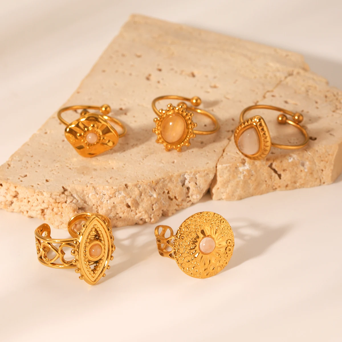 

Gold Plated Vintage Gemstone Ring Set For Women Adjustable Open Band Hypoallergenic Stainless Steel Tarnish Resistant Gifts