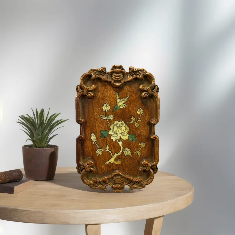 Woodcarved antiques, vintage goods, solid wood relief, shell-inlaid flower-bird tea trays, home vintage items
