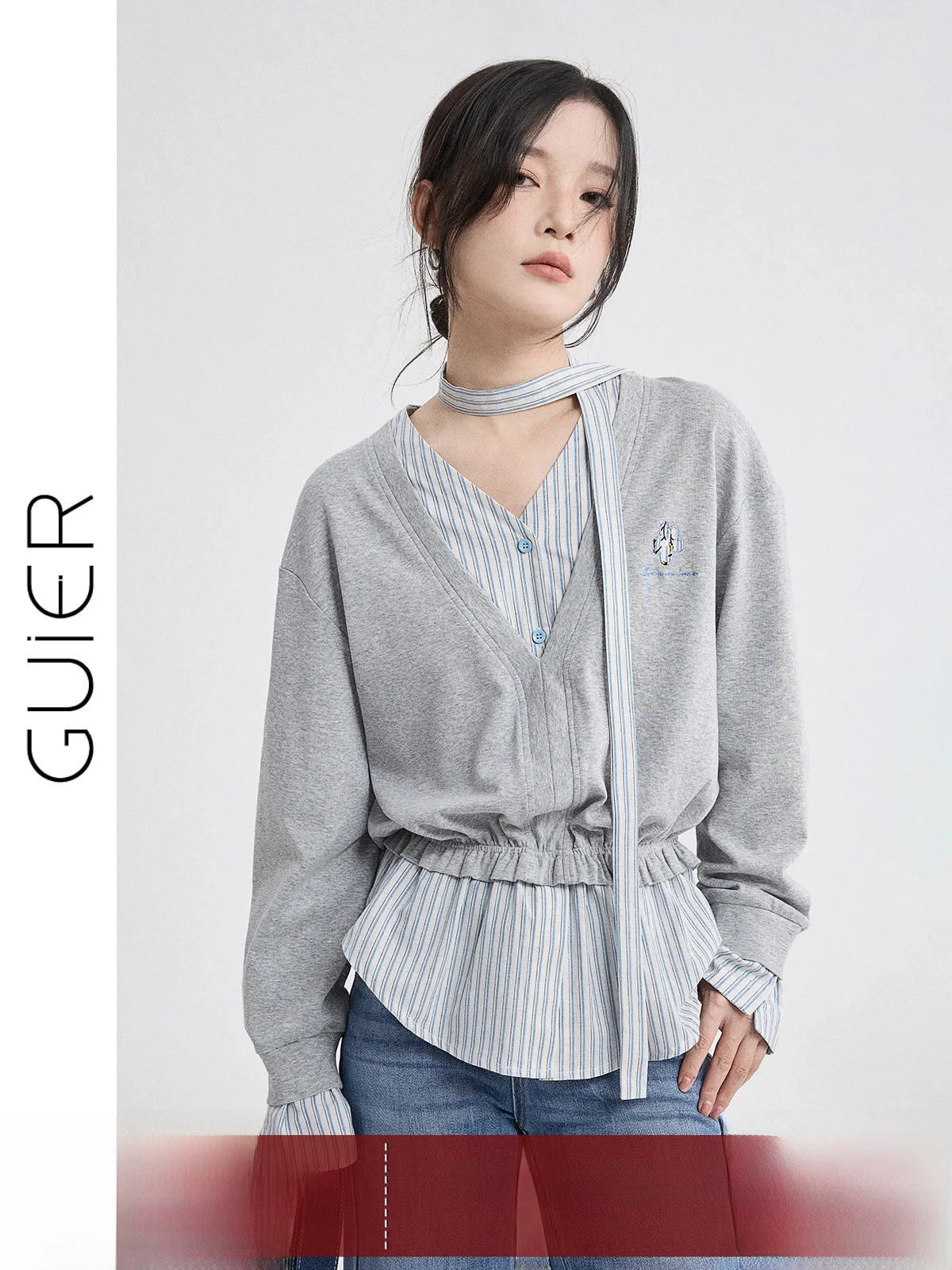 

Женская полосатая футболка Guier Long Sve V Ne, новинка весенней коллекции, повседневный свободный крой, пуловер, модный дизайн