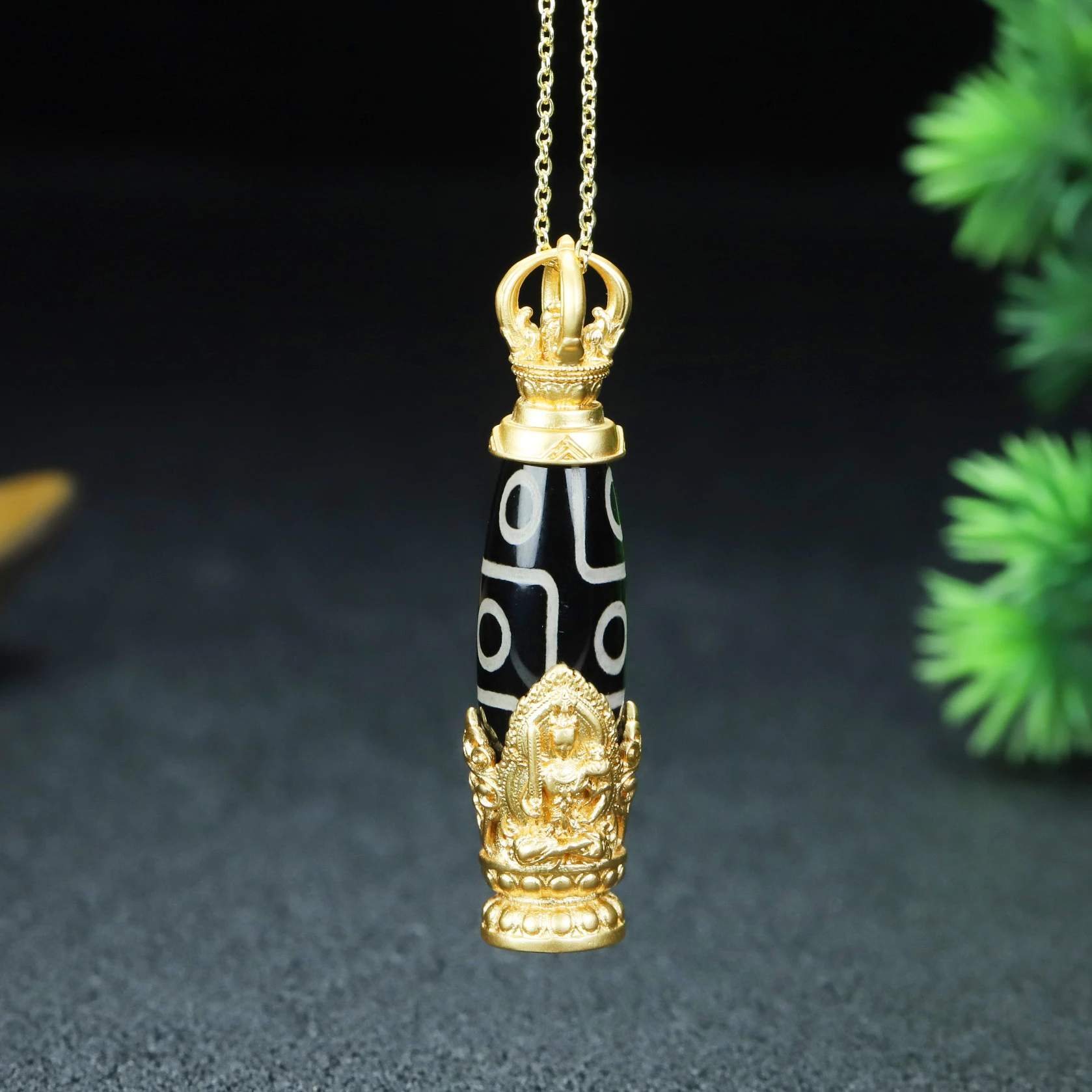 Tibetan Buddhism Black Agate 24k Gold Plated Copper 9 Eye Dzi Bead Pendant Necklace Men Women Buddhism Lucky Charms Amulets