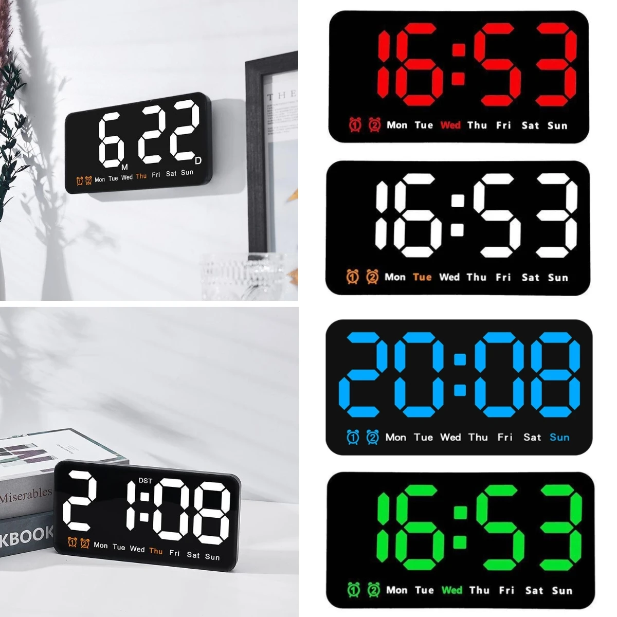 

Voice Control Large Digital Wall Clock Temperature Date Week Snooze Table Clock 12/24H Dual Alarm Wall-mounted LED Clock