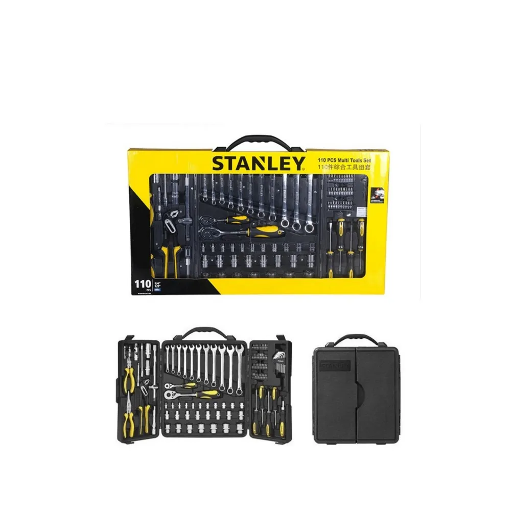 ชุดเครื่องมือช่างมืออาชีพสแตนลีย์ 110 ชิ้น ประกอบด้วยใบมีดตัด บิต ตัวล็อคแบบวงล้อ วัสดุเหล็กคุณภาพและพลาสติก