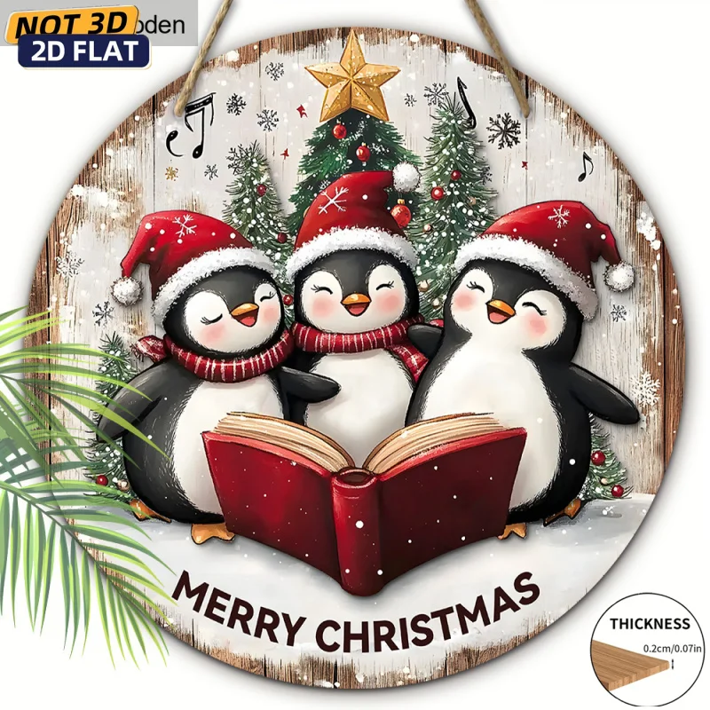 1pc 2D Flat Pure Plane Decorative Wooden Plaque, Non-3D Wooden Ornament, Featuring Penguins Reading And Singing, Designed As a R