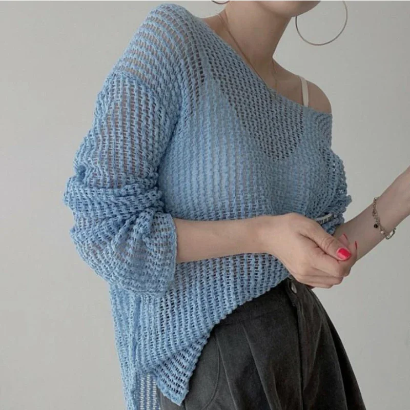 

Полые пуловеры, женские солнцезащитные винтажные мешковатые уличные пуловеры, летние крутые простые вязаные повседневные нежные элегантные свитера на каждый день