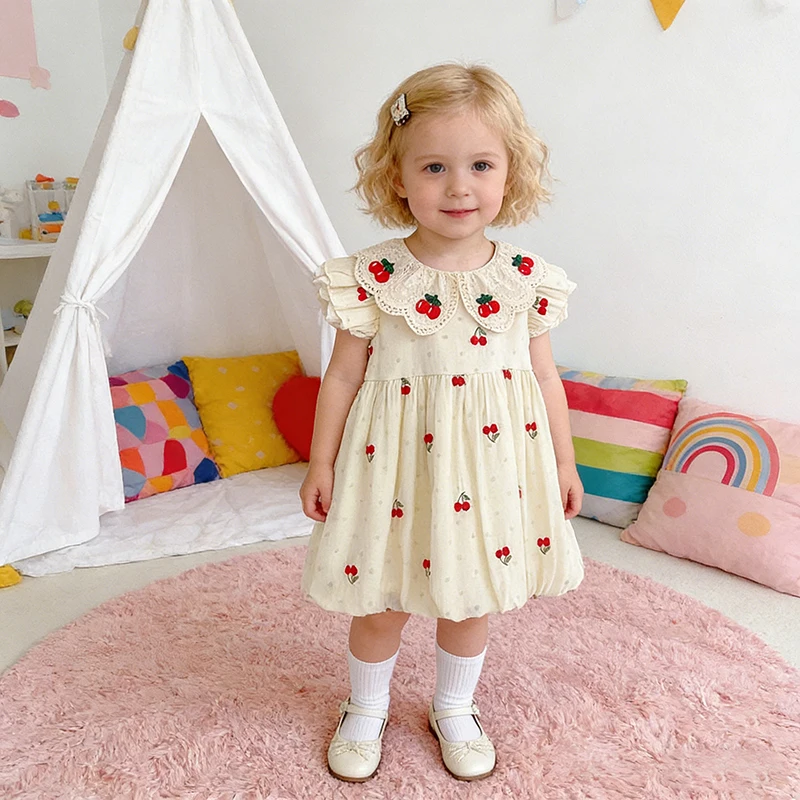 

2026 New Summer Girl Party Embroidery Dress 2-6Yrs Short Sleeved Dress Kids Princess Sweet Birthday Cherry Dress