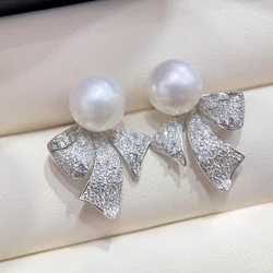 MeiBaPJ 9-10mm Natural Semiround Pearls Bow Fashion Stud Earrings 925 Silver Fine Charm Wedding Jewelry for Women