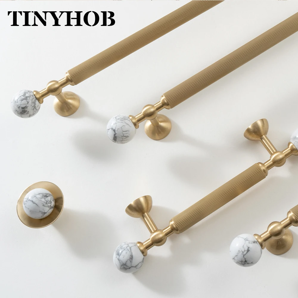 TINYHOB Knurled Vertical Line Brass Handles White Marble Knobs Drawer Pulls for Kitchen Cupboard Wardrobe Furniture Hardware