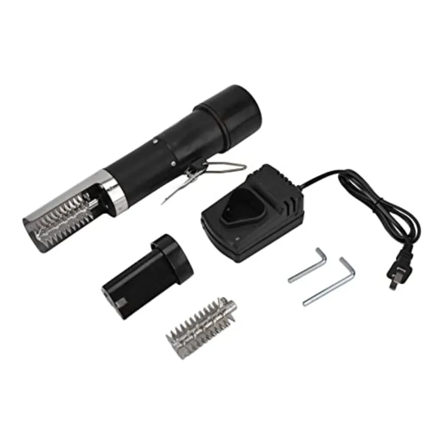 

Electric fish scaler for kitchen use, stainless steel body with black finish, handheld ergonomic design with 6 rotating cutters