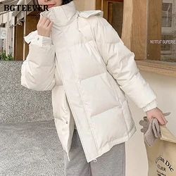 BGTEEVER Elegsnt Warm Cotton Padded Down Coats Women Casual Stand Collar Long Sleeve Women Thicken Hooded Parkas Winter