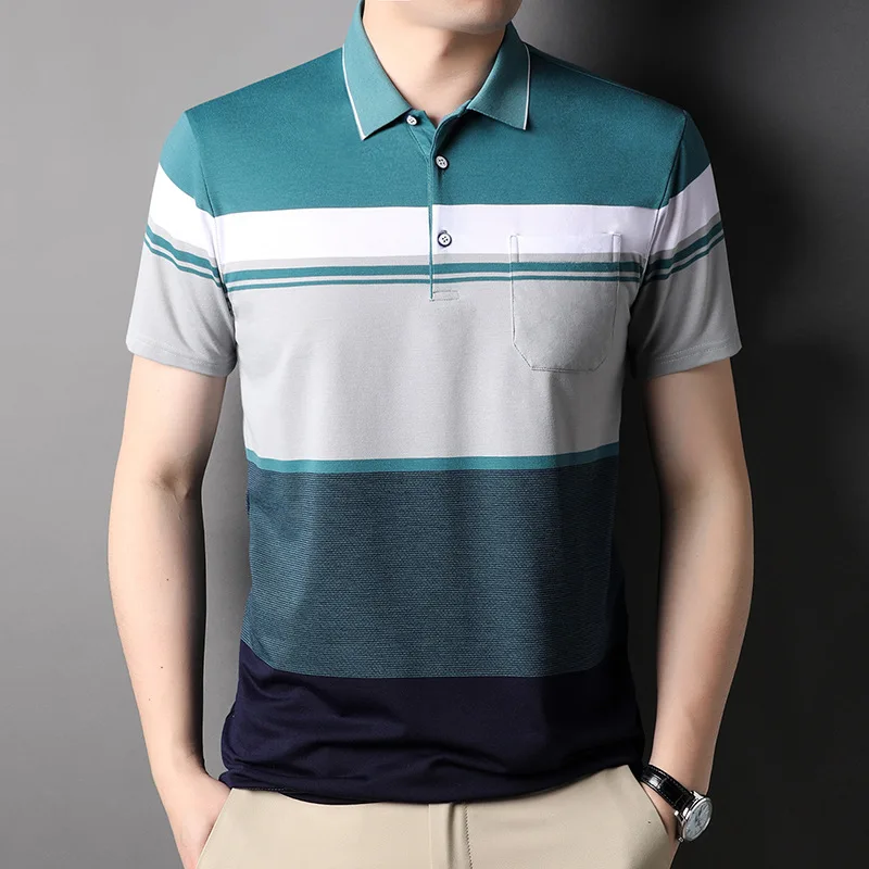 Summer New Short Sleeve Polo Shirt Men Panelled Lapel Button Pocket Patchwork Korean Smart Casual Fashion Loose Striped Thin Top