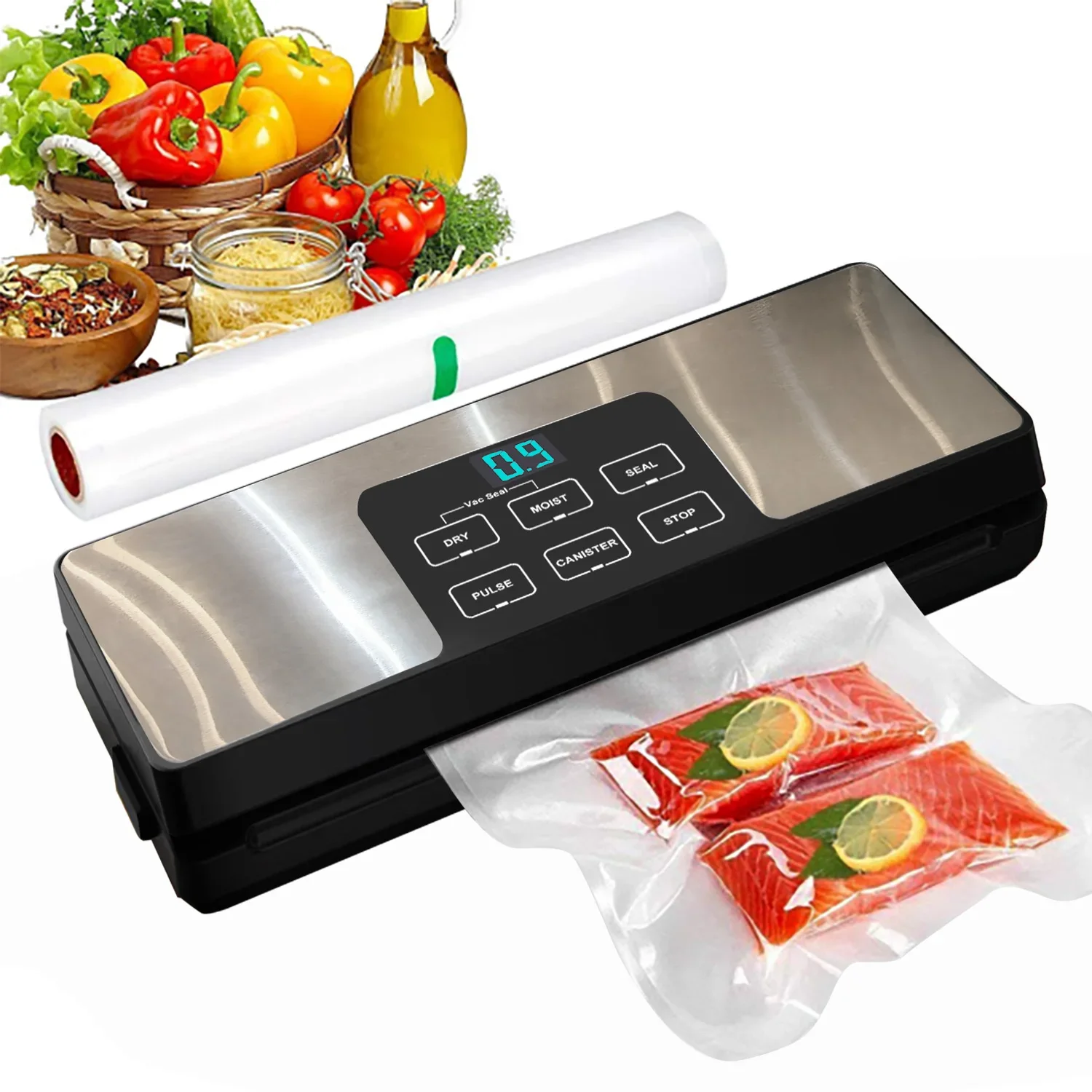 Stainless Steel  Food Vacuum Sealer Machine LED Time Display Vacuum Sealer Built In Roll Bags Vacuum Sealer