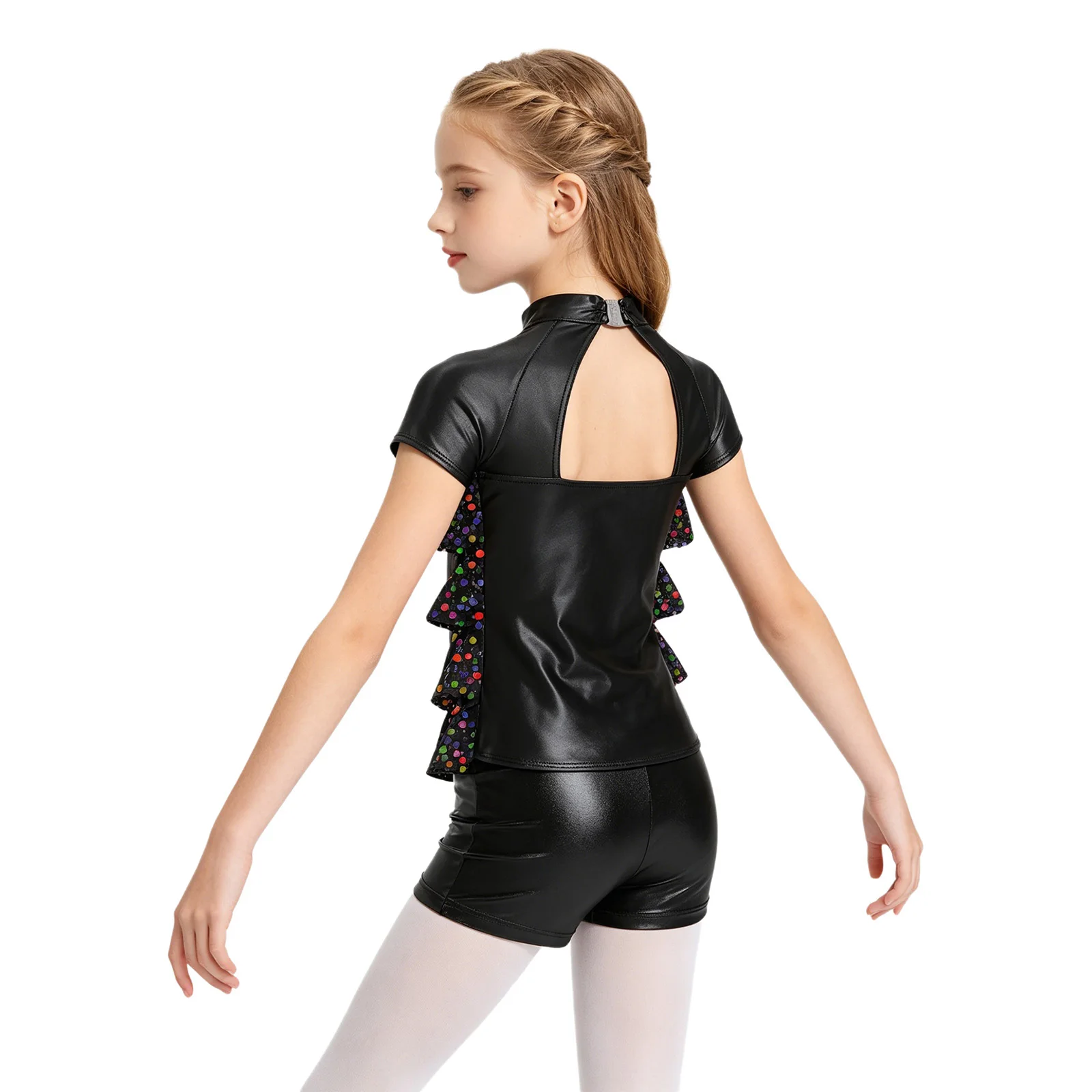 Kids Girls Rhythmic Disco Jazz Modern Dance Stage Performance Metallic Shiny Sequins Tiered Ruffle Cutout Back Top & Shorts Suit