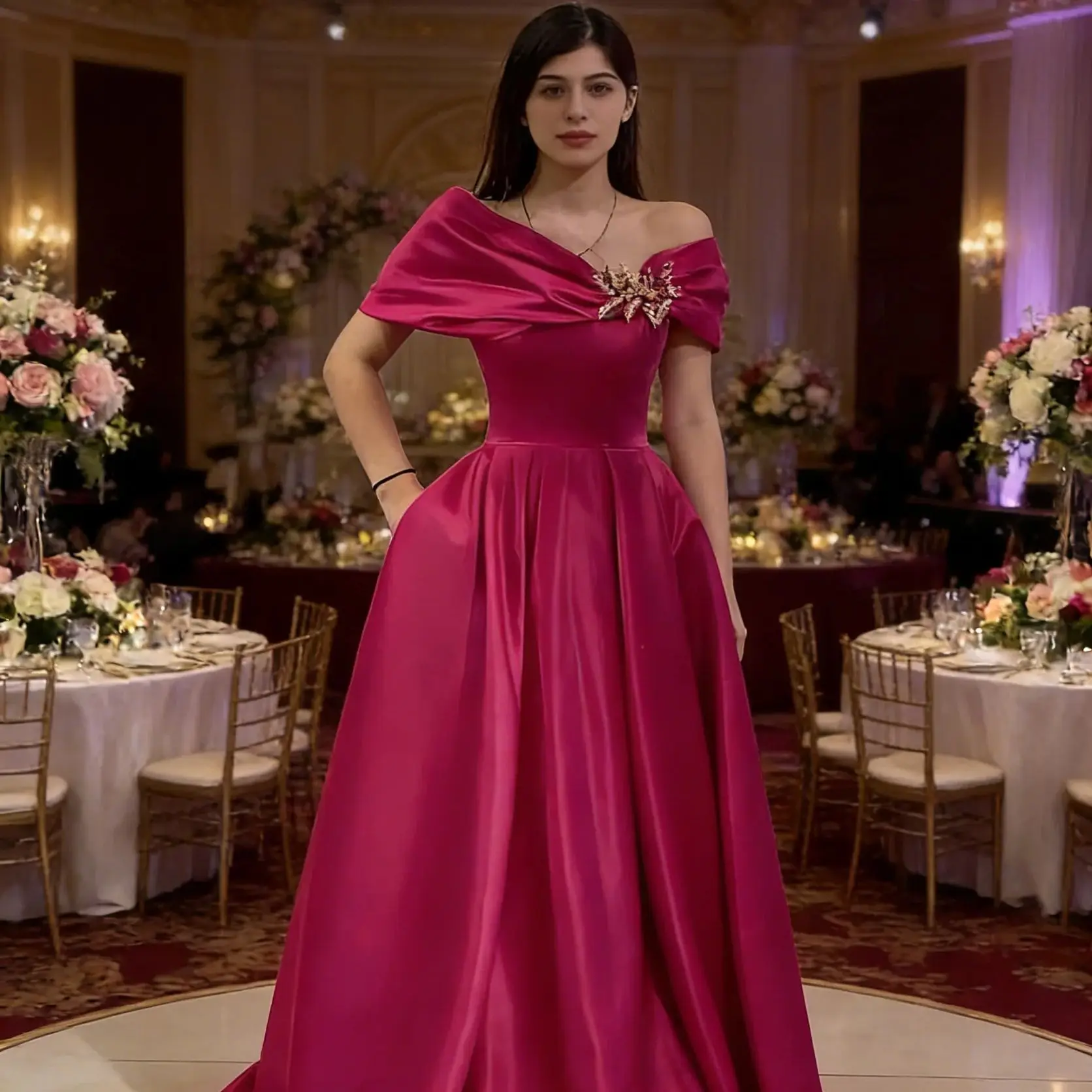Hidais Gorgeous Fuchsia Off the Shoulder Beading Mermaid A Line Long Prom Dress Women Formal Evening Party Gown