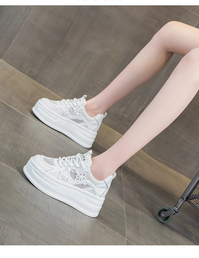 Womens White Mesh Platform Sneakers Breathable Thick Sole Casual Shoes With Flower Embroidery Lightweight Non Slip For Summer Da