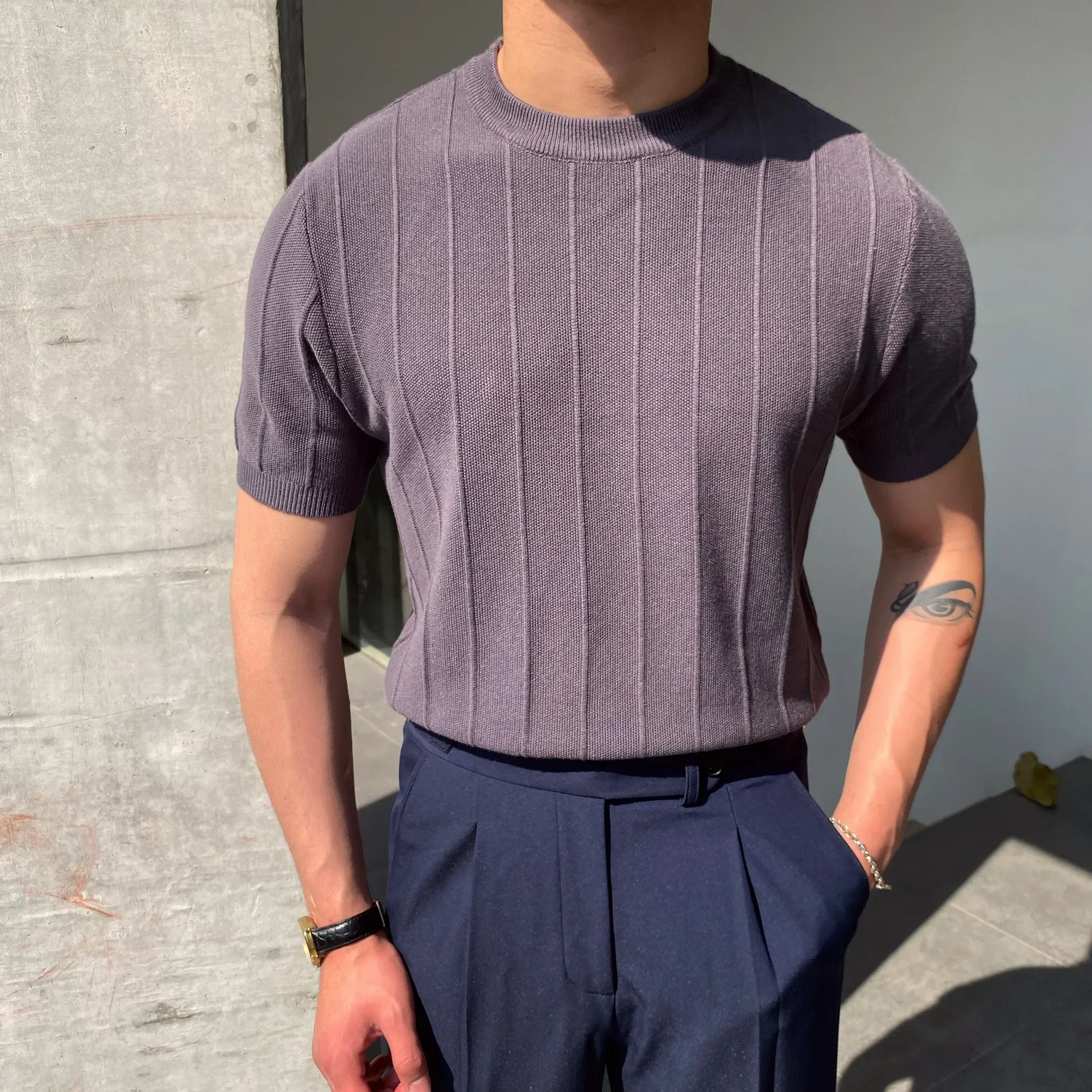 Men\'s Light Luxury Knit T Shirt Men\'s New Summer Round Neck T Shirt Half Sleeve Men Short Sleeve Thin Version of The Base Shirt