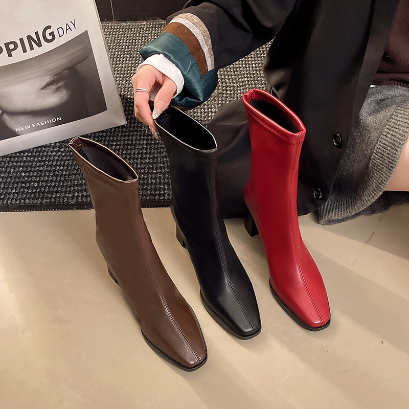 

Retro Block Heel Skinny Boots Fall Winter 2025 Square Toe High Heel Back Zipper Versatile Booties for Women