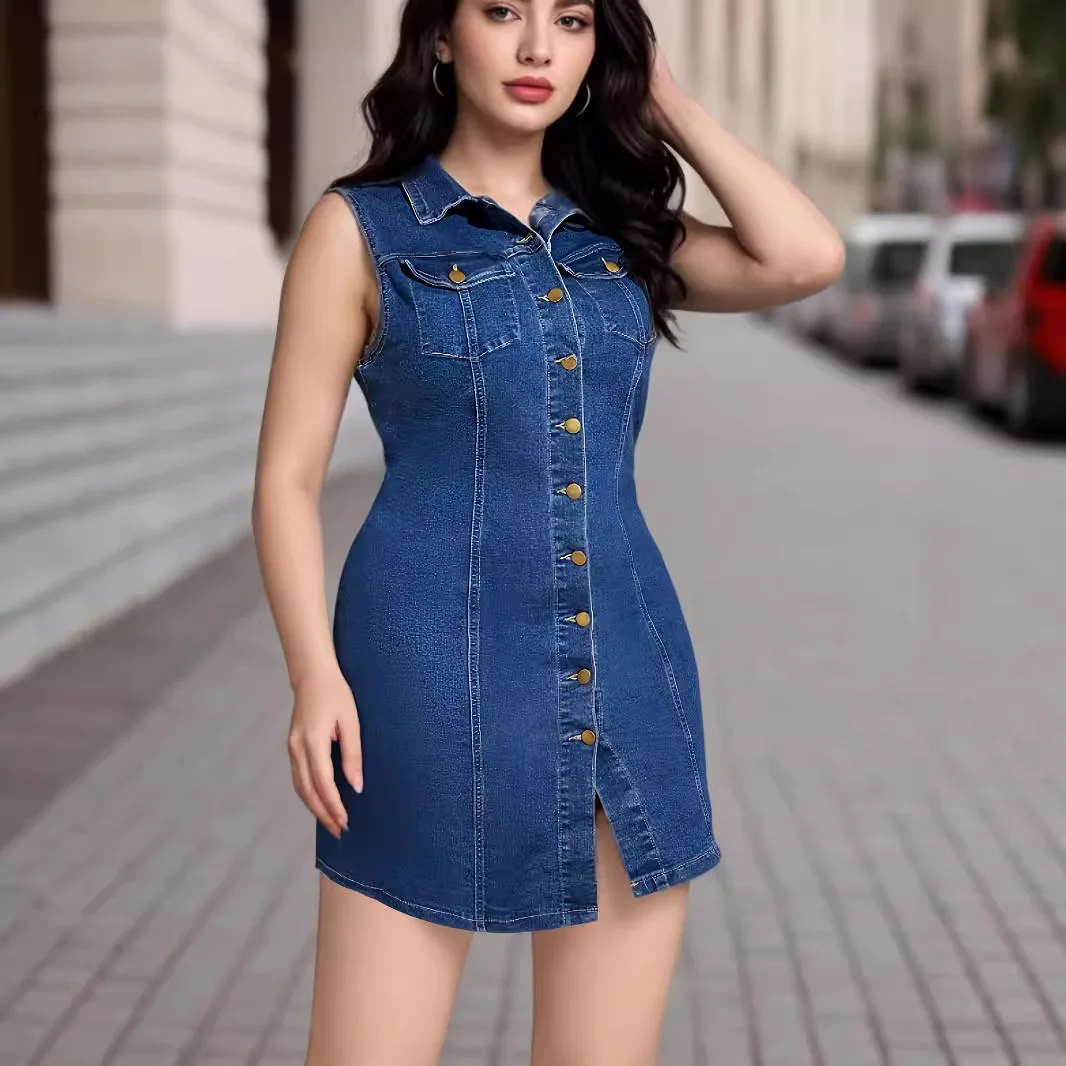 

Новое модное джинсовое однобортное платье без рукавов на весну и лето. Женские облегающие короткие платья-жилетки в студенческом стиле