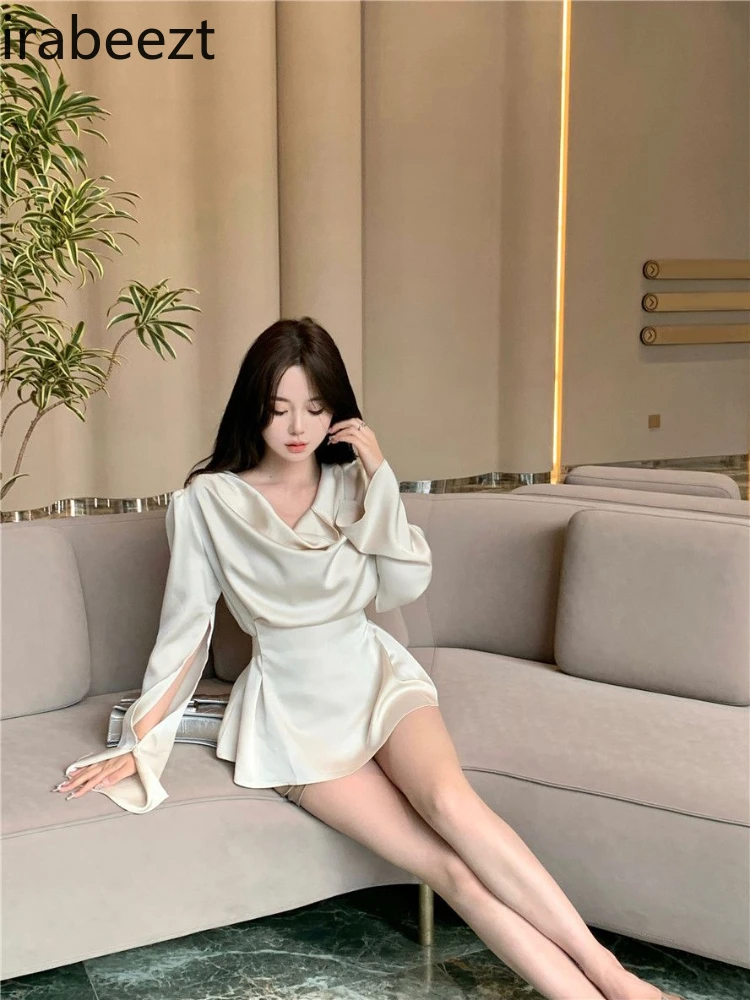 Fashion Design Sexy Suit High-grade Temperament Satin Blouse for Women\'s Spring Sexy Package Hip Skirt Two-piece Set